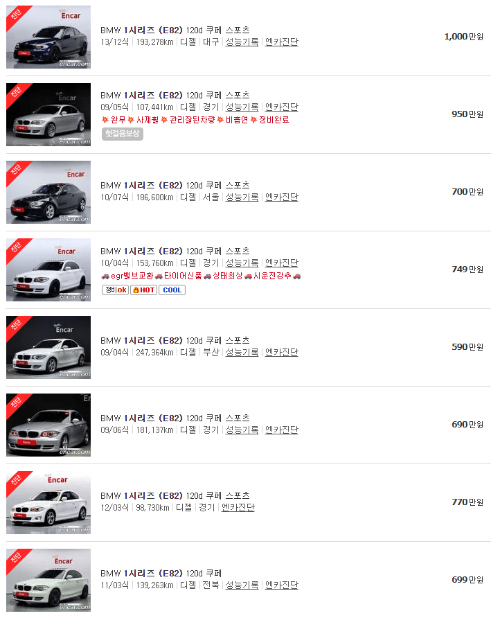 BMW 1시리즈 중고차 가격