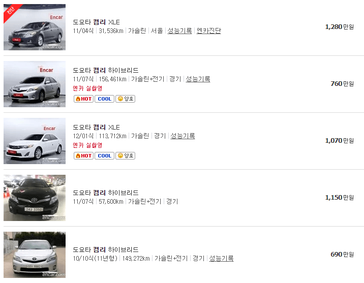 토요타 캠리 중고차 가격