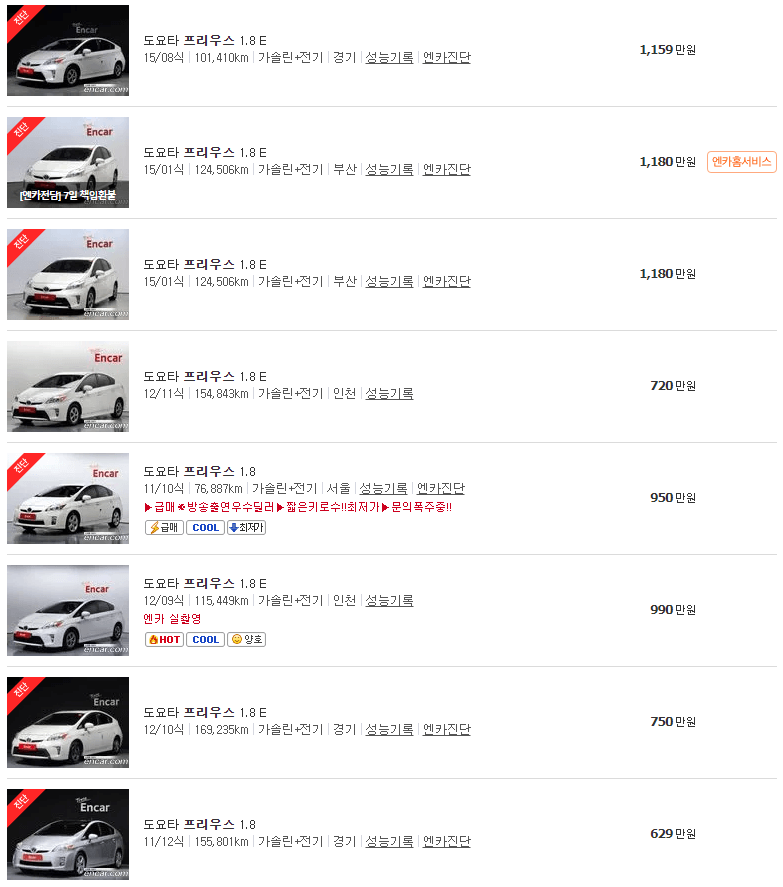 토요타 프리우스 중고차 가격
