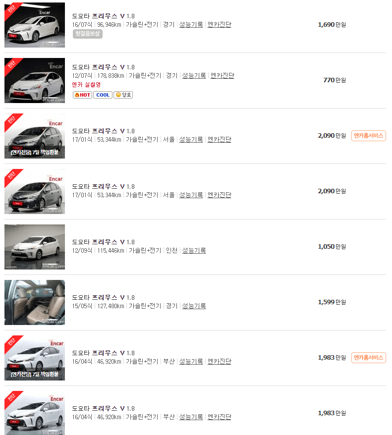 토요타 프리우스 중고차 가격