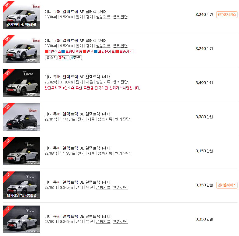 미니쿠퍼 일렉트릭 중고차 가격