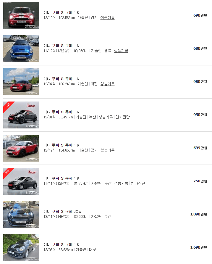미니쿠퍼 쿠페 중고차 가격
