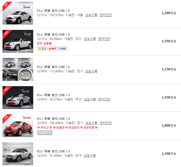 미니쿠퍼 로드스터 중고차 가격