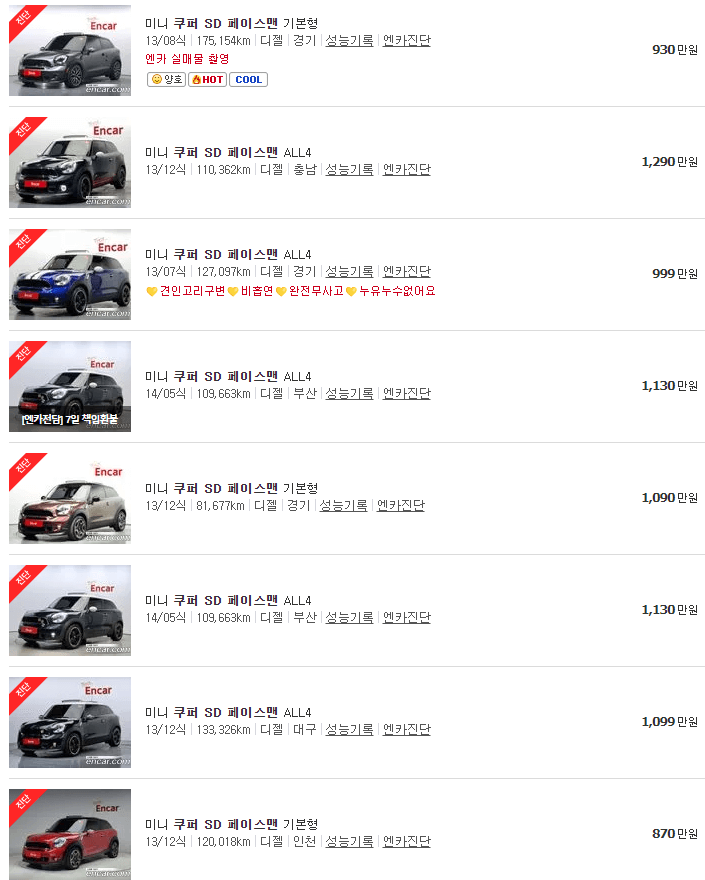 미니쿠퍼 페이스맨 중고차 가격