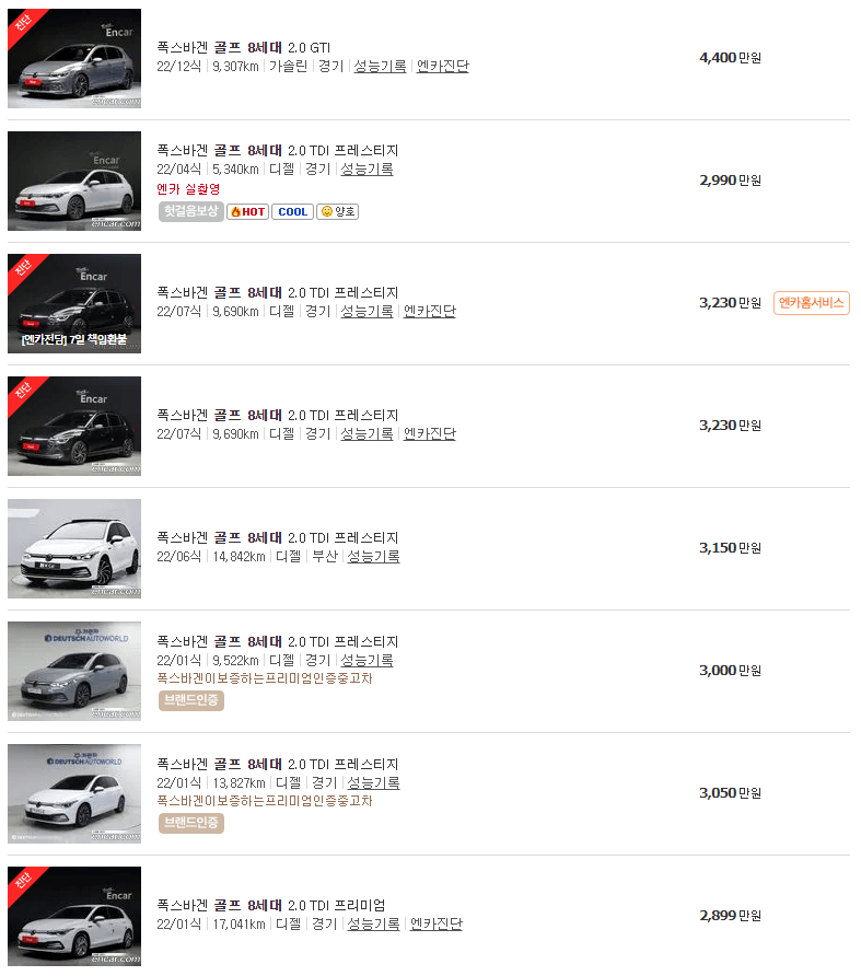 폭스바겐 골프 중고차 가격